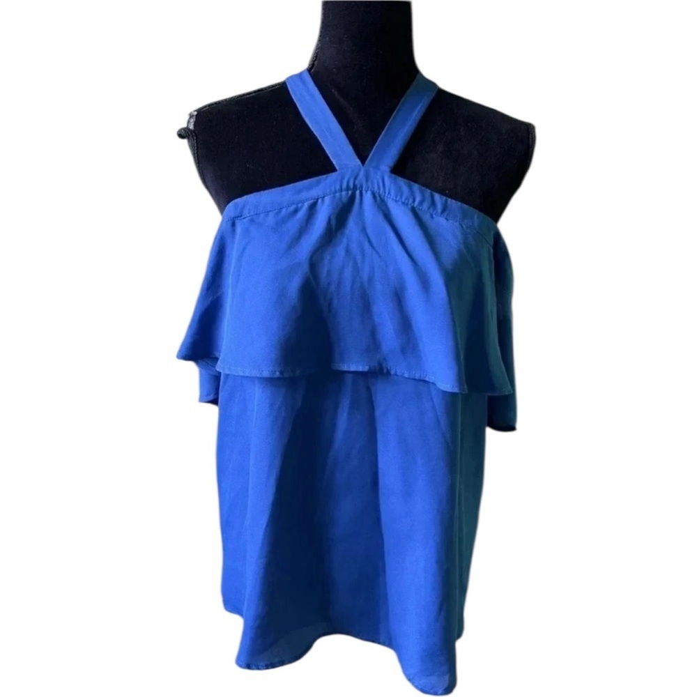 Shinestar Halter Ruffle Top Women Large Blue